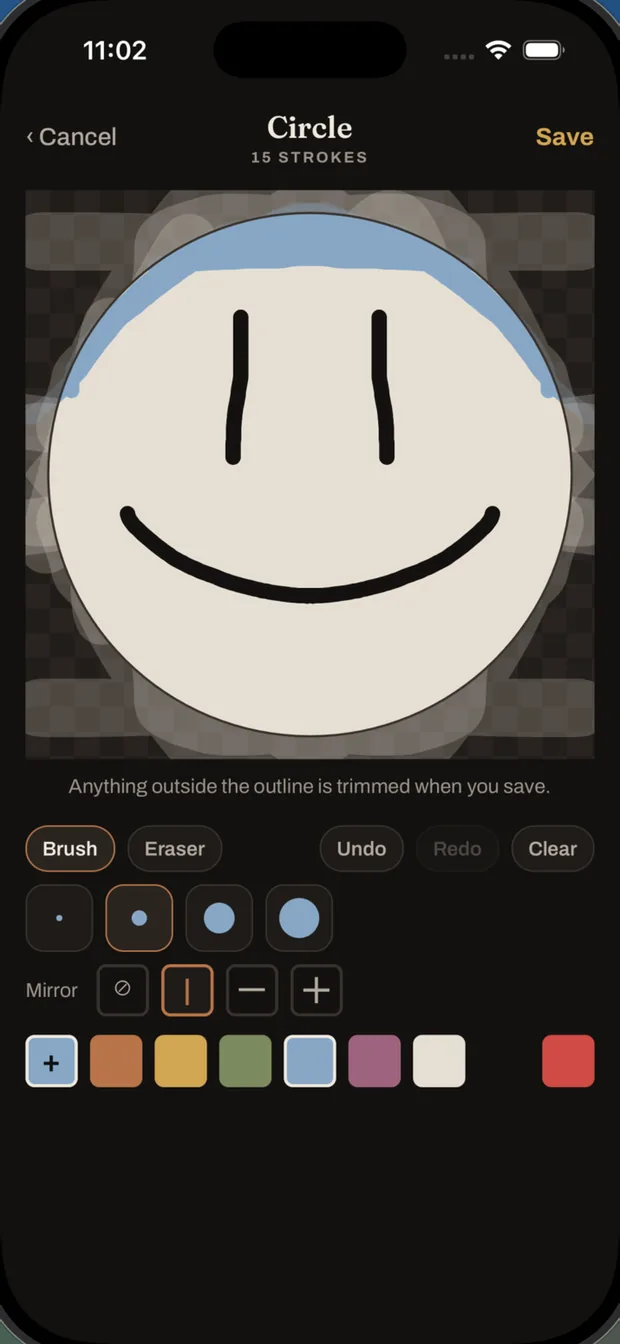 Arkadia's drawing editor with a hand-drawn smiling face on the canvas.