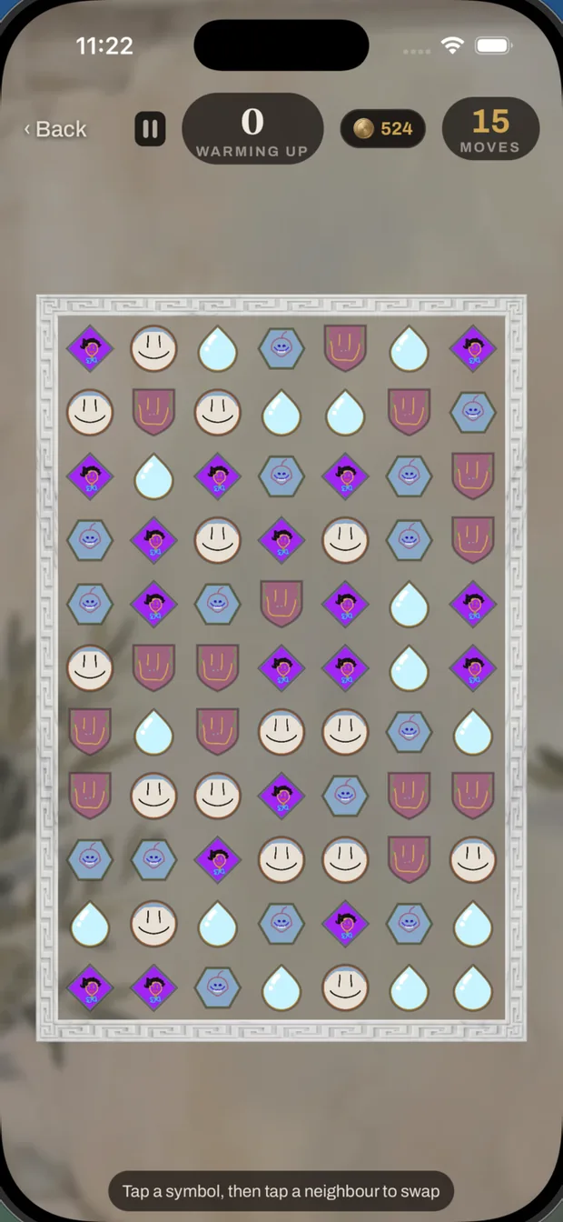 A Cascade match-three board where every symbol is that same hand-drawn face.